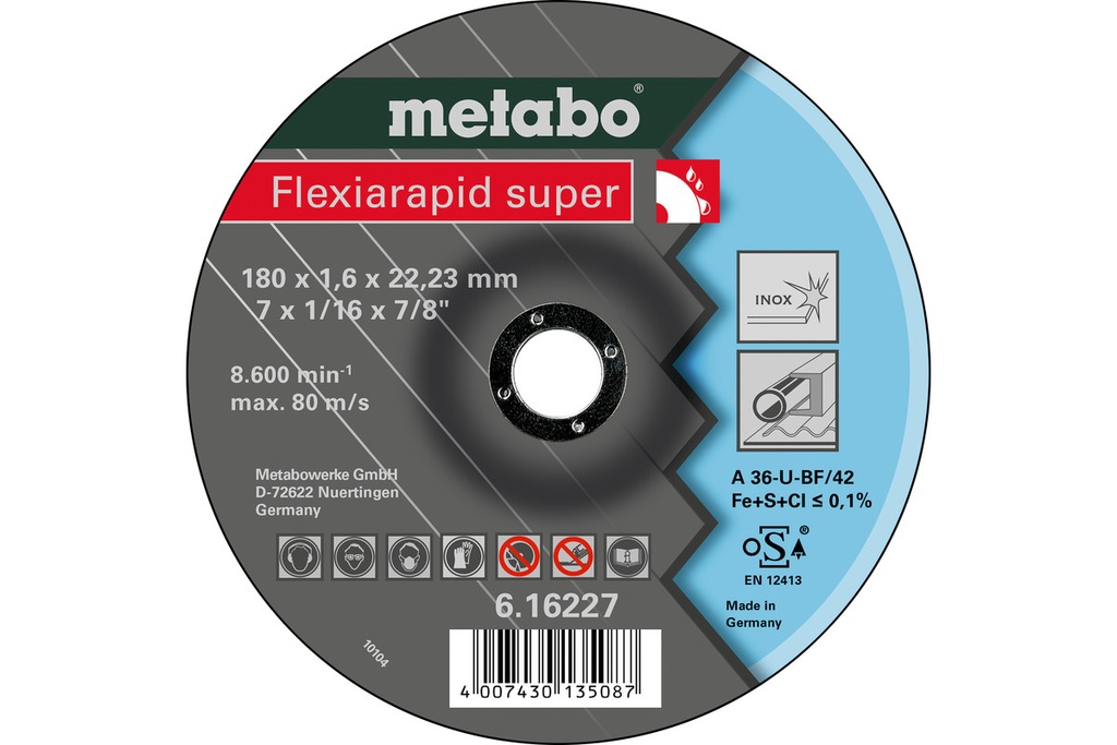 DISCO PARA CORTE DE METAL DE 7" X 1/16" X 7/8", FLEXIRAPID SUPER 180X1.6X22.2 MM, MARCA METABO, MODELO 616227000