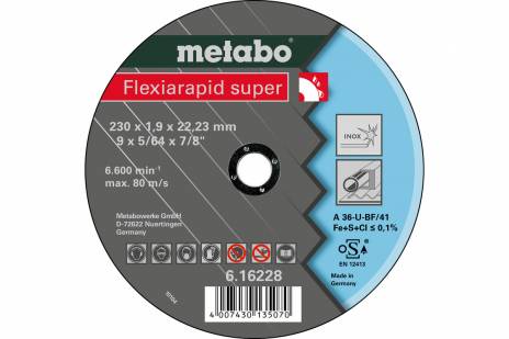 DISCO PARA CORTE DE 9" X 5/64" X 7/8", FLEXIRAPID SUPER 230X1.9X22.2 MM, MARCA METABO, MODELO 616229000