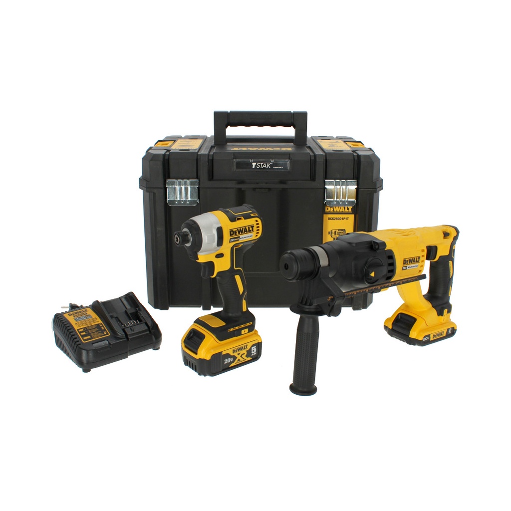 KIT DE TALADRO ROTOMARTILLO SDS PLUS + ATORNILLADOR DE IMPACTO, MARCA DEWALT, MODELO DCK260D1P1T-B3, INCLUYE: 1 BAT 2AH + 1 BAT 5 AH + CARG + ESTUCHE