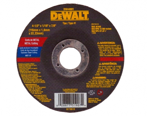 DISCO PARA CORTE DE METAL DE 4-1/2" X 1/16" X 7/8", MARCA DEWALT, MODELO DW44601