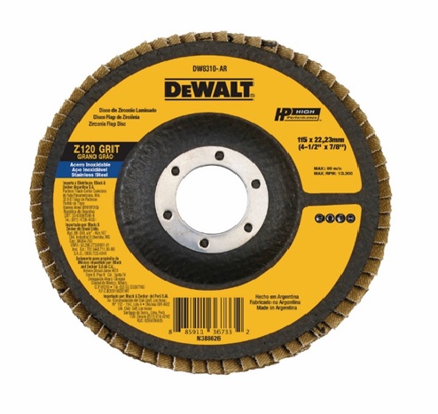 DISCO PARA LIJAR DE ZIRCONIO DE 4-1/2"X7/8", GRANO 120, PARA ACERO INOXIDABLE, MARCA DEWALT, MODELO DW8310-AR
