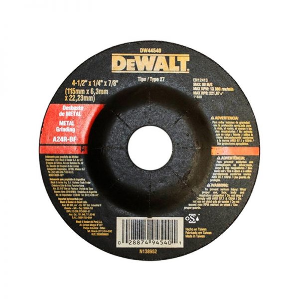 DISCO PARA DESBASTE DE METAL DE 4-1/2" X 1/4" X 7/8", MARCA DEWALT, MODELO 44540
