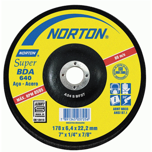 DISCO PARA DESBASTE DE METAL DE 4-1/2"X1/4"X7/8", CENTRO DEPRIMIDO, MARCA NORTON, MODELO 152592