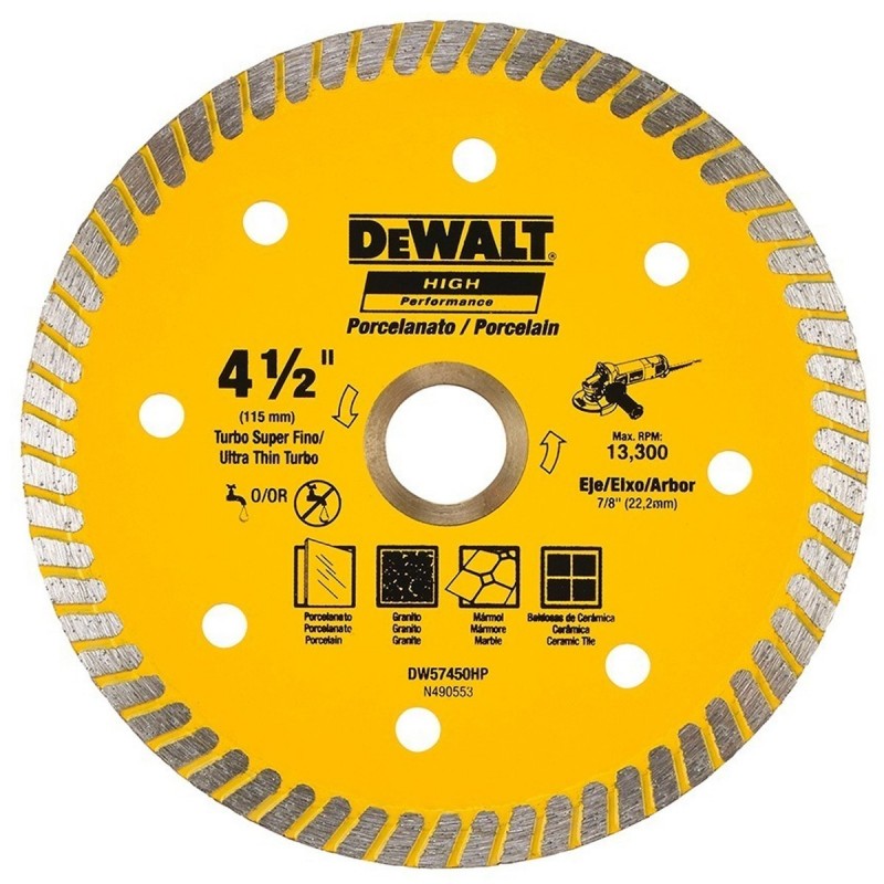 DISCO PARA CORTE DE PORCELANATO DE 4-1/2", DIAMANTADO, MARCA DEWALT, MODELO DW57450HP