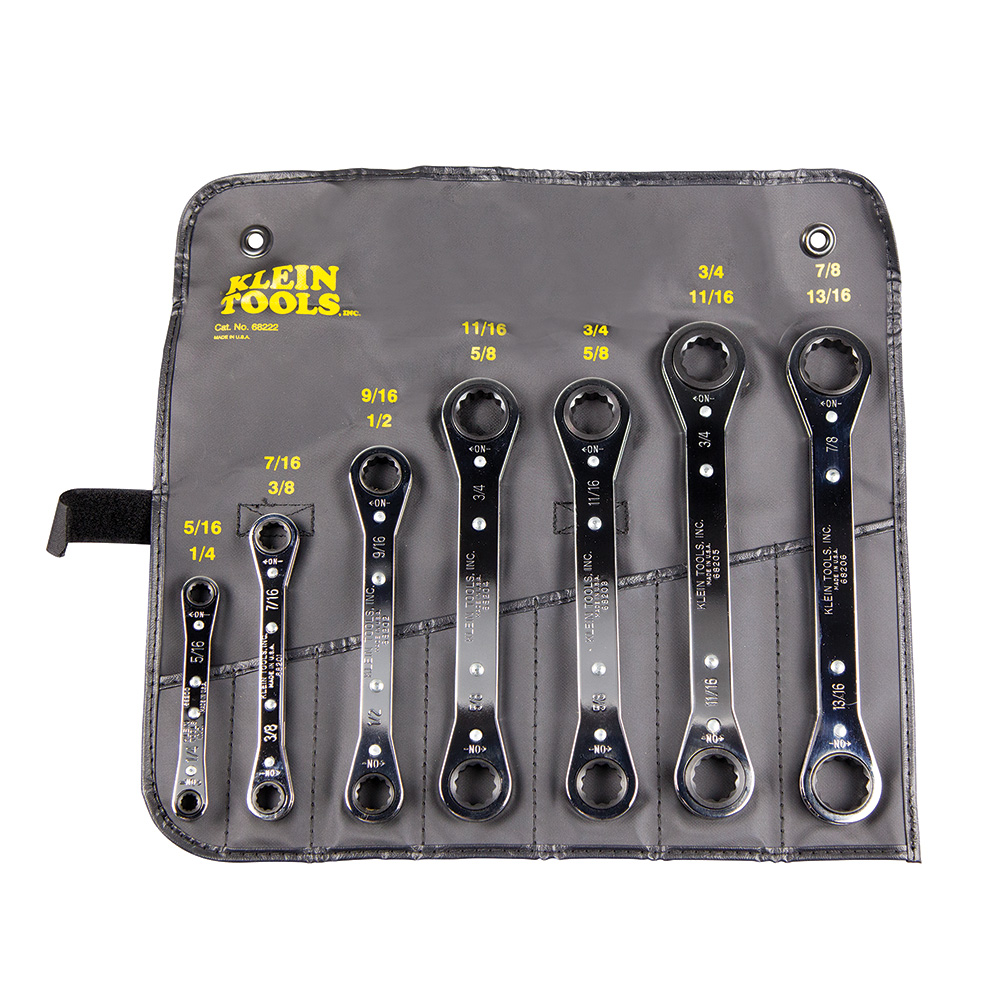 JUEGO DE LLAVES COMBINADAS DE ESTRIAS CON TRINQUETE, DE 7 PIEZAS, DE 1/4" A 7/8", MARCA KLEIN TOOLS, MODELO 68222