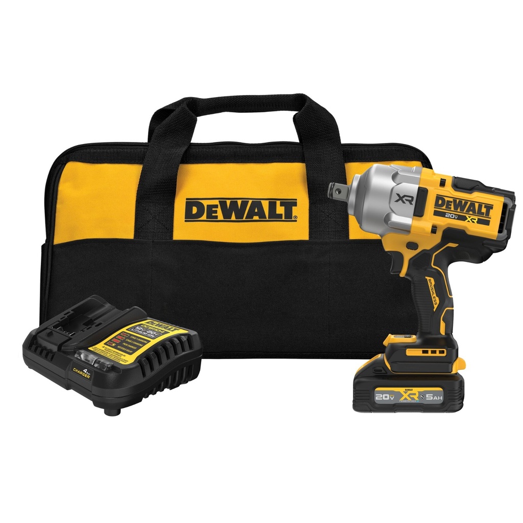 KIT DE LLAVE DE IMPACTO DE 3/4" INALAMBRICA 20V, ALTO TORQUE, 1900 LBS-PIE, MARCA DEWALT, MODELO DCF964GH1: 1 BAT 5 AH + CARG + BOLSO